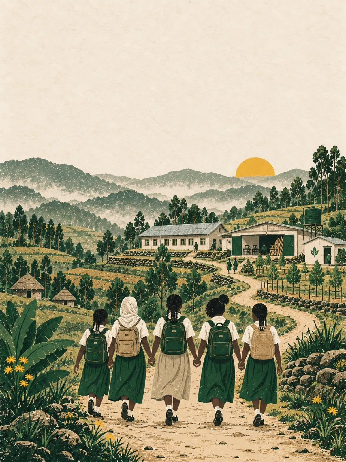 An illustration of girls walking toward a school, skills workshop and wellness clinic